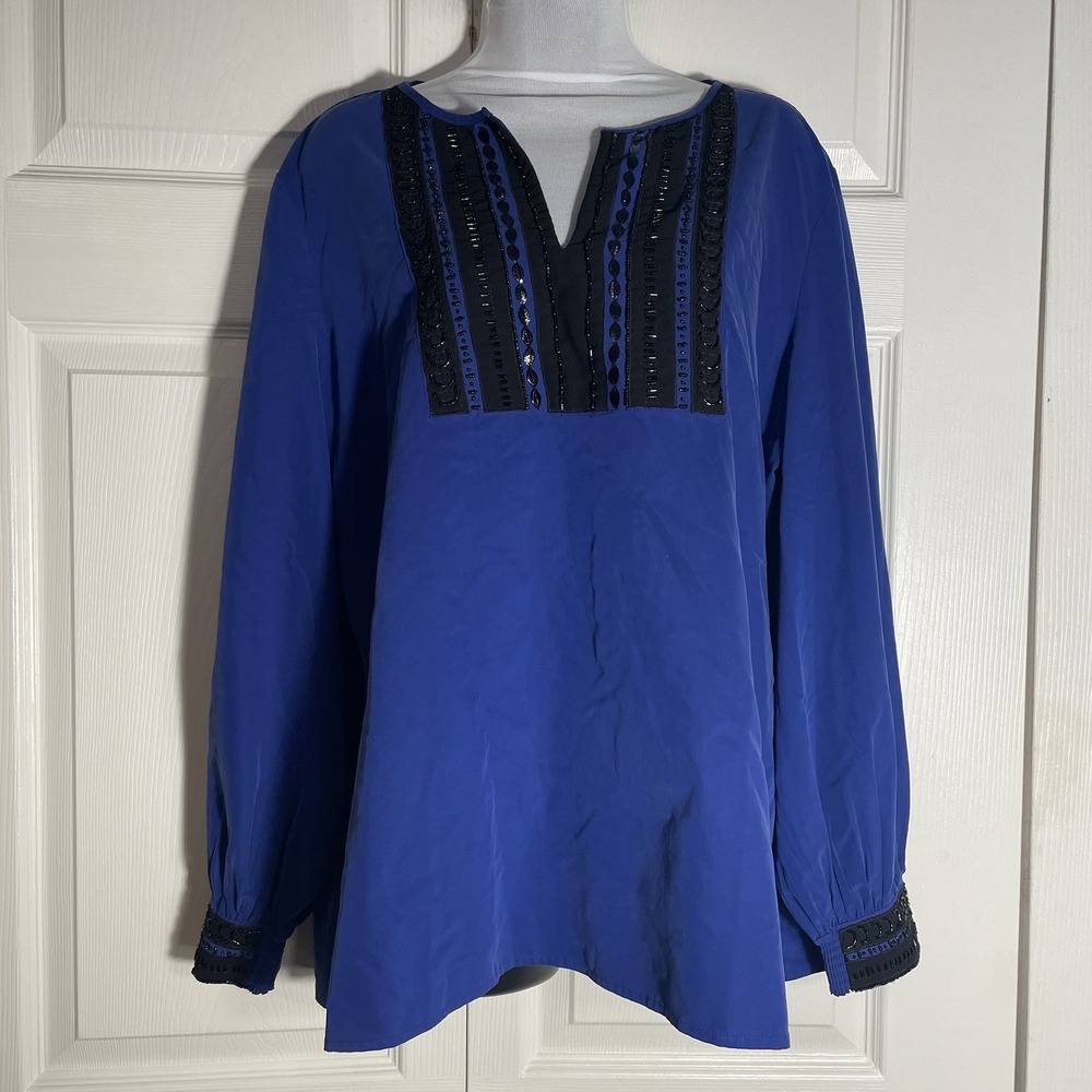 Chicos Embellished Shirt Womens 3/XL Blue Black Beaded Long Sleeve Split‎ Neck